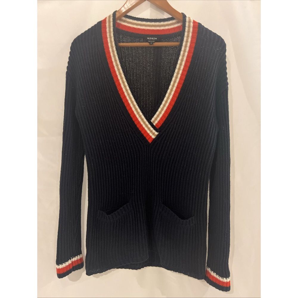 Worth New‎ York Womens Sz XP Blue Red  V Neck LS Varsity Sweater w Pockets